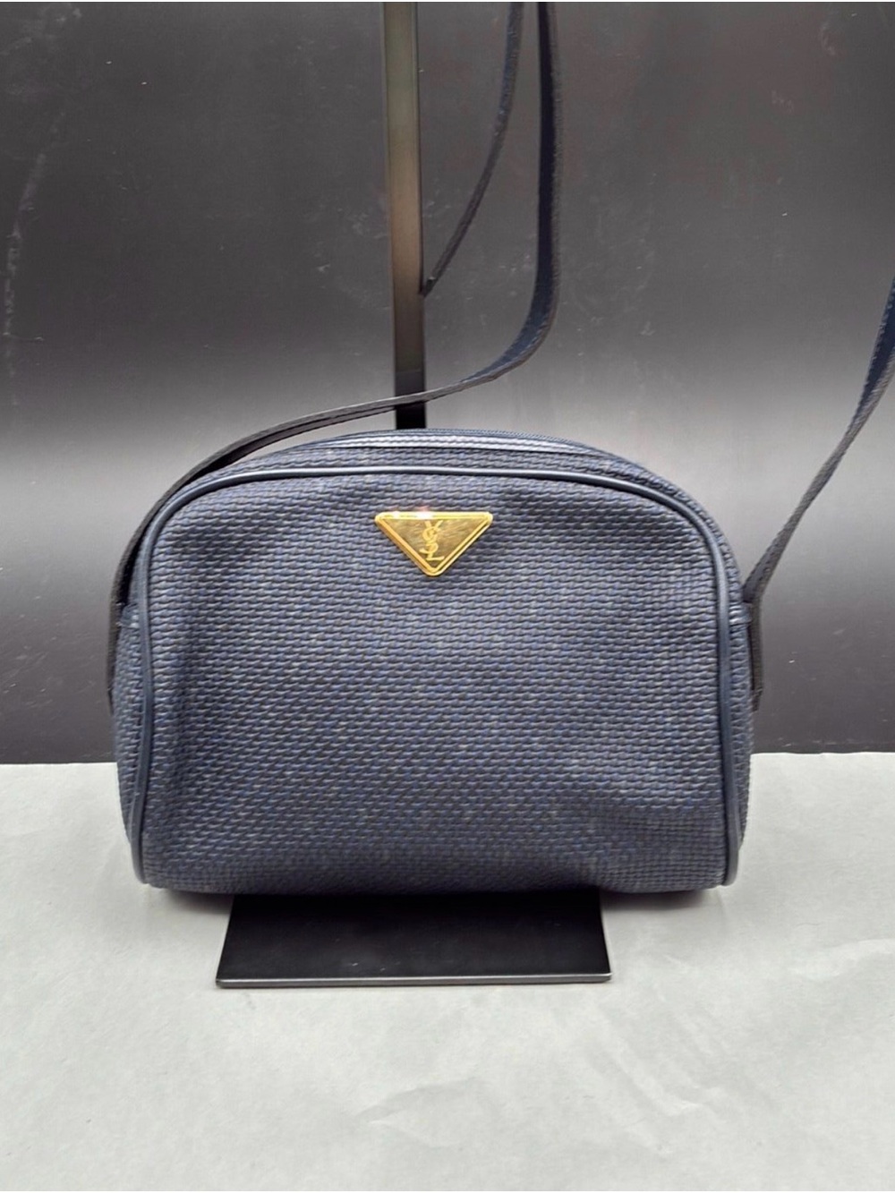 Yves Saint Laurent Navy Textured Messenger Bag with Gold Logo